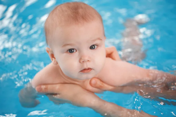 Portrait White Caucasian Baby Swimming Pool Child Training Swim Float — Stock Photo, Image