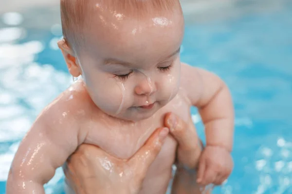 Closeup Portrait White Caucasian Baby Swimming Pool Child Training Swim — Stock Photo, Image