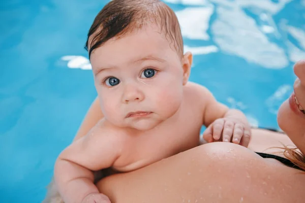 Closeup Portrait White Caucasian Baby Swimming Pool Child Training Swim — Stock Photo, Image