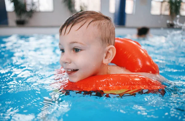 Portrait Happy White Caucasian Child Swimming Pool Preschool Boy Training — Stock Photo, Image