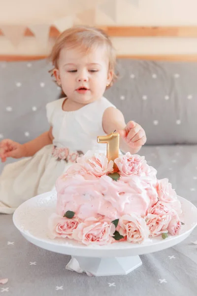 Portrait Cute Adorable Caucasian Blonde Baby Girl White Dress Celebrating — Stock Photo, Image