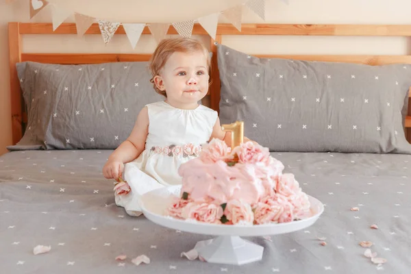 Portrait Cute Adorable Caucasian Blonde Baby Girl White Dress Celebrating — Stock Photo, Image