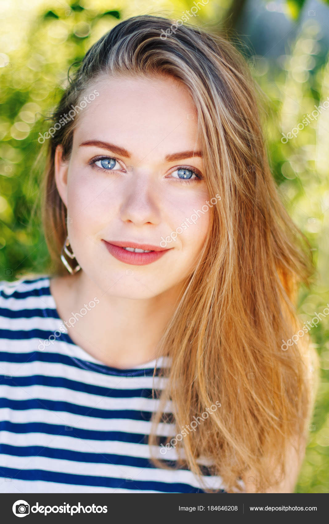 Beautiful Smiling White Caucasian Girl Woman Long Blonde Hair Blue