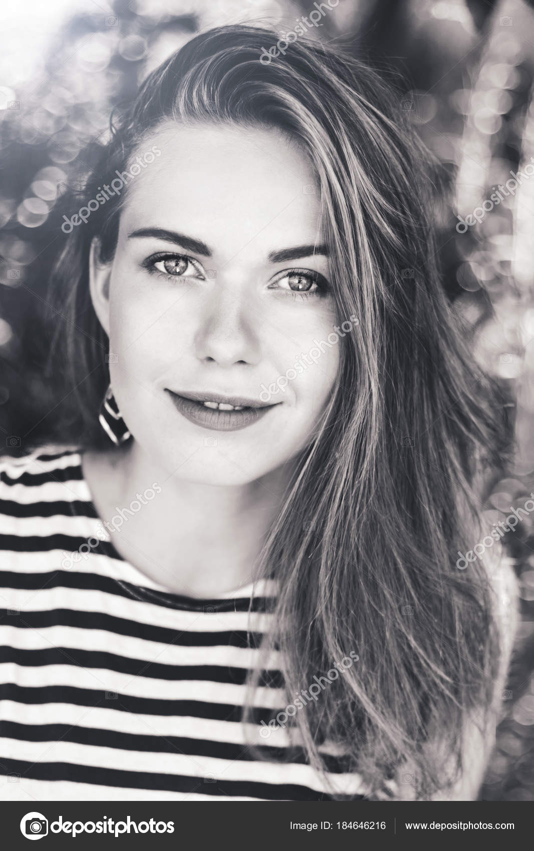 Black White Portrait Beautiful Smiling White Caucasian Girl Woman
