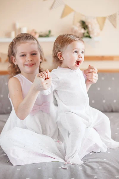 Portrait Cute Adorable White Caucasian Girl Holding Little Sister Baby — Stock Photo, Image