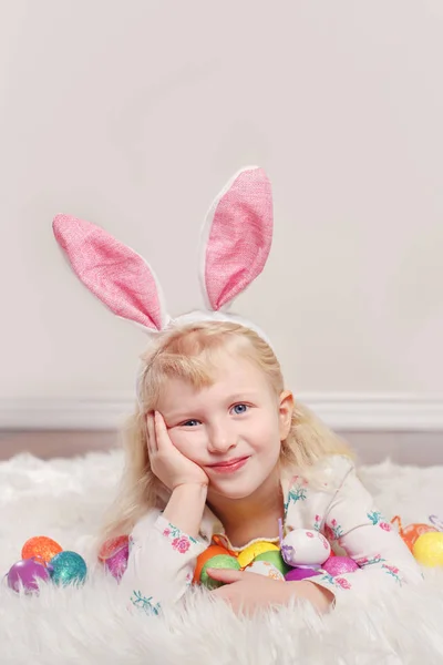 Cute Adorable Caucasian Child Girl Wearing Easter Bunny Rabbit Ears — Stock Photo, Image