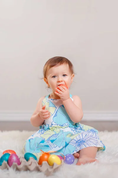 Cute Adorable Caucasian Baby Girl Blue Dress Sitting White Soft — Stock Photo, Image