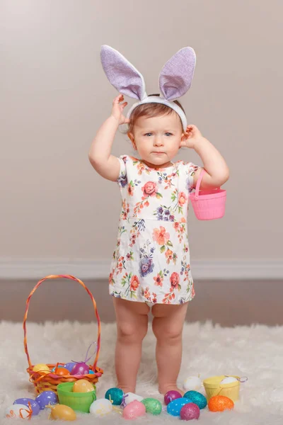 Cute Adorable Caucasian Baby Girl Wearing Easter Bunny Rabbit Ears — Stock Photo, Image