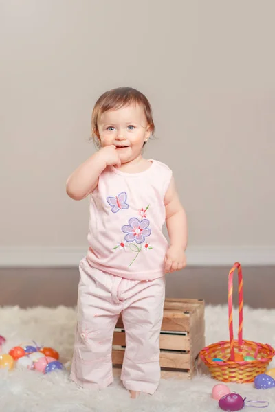 Cute Adorable Caucasian Baby Girl Pink Shirt Pants Celebrating Traditional — Stock Photo, Image