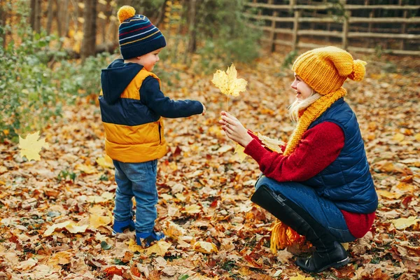 Mom and son gathering yellow orange fallen leaves. Caucasian young mother playing with cute adorable toddler boy in autumn fall park outdoor. Family activity outside. Seasonal concept.