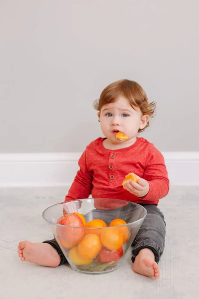 Bonito menino caucasiano adorável comendo frutas cítricas. Finny criança comendo lanche orgânico saudável. Alimentos sólidos para dedos e alimentos complementares para crianças crianças. — Fotografia de Stock