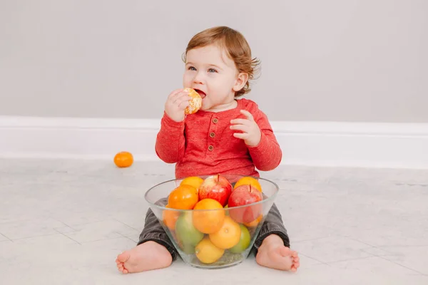 Roztomilý Rozkošný Kavkazský Chlapeček Pojídající Citrusové Plody Finny Dítě Jíst — Stock fotografie