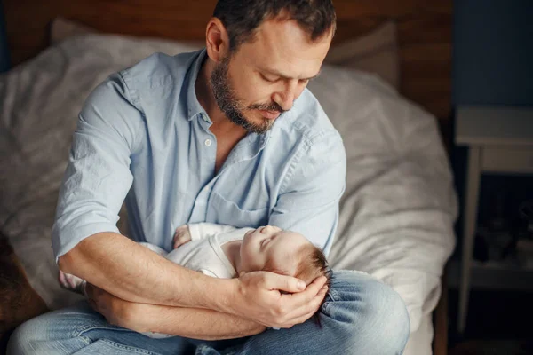 Middle Age Caucasian Father Sleeping Newborn Baby Girl Parent Holding — Stock Photo, Image