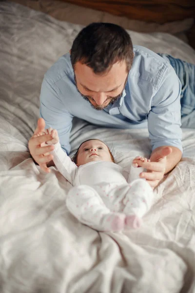 Proud Caucasian Father Playing Newborn Baby Girl Smiling Man Parent — Stock Photo, Image