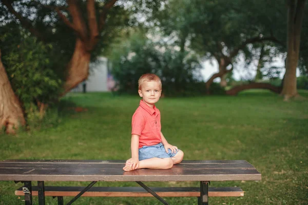 Retrato Menino Adorável Bonito Criança Que Senta Sozinho Parque Criança — Fotografia de Stock