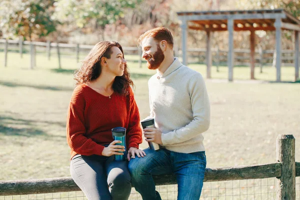 Happy Couple Man Woman Love Sitting Park Outdoor Lovely Beautiful — Stock Photo, Image