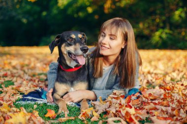 Genç, beyaz bir kadın yere yığılıp kalıyor ve köpeğe sarılıyor. Sahibi sonbahar günü evcil hayvanla yürüyor. En iyi arkadaşlar dışarıda eğleniyor. İnsanların evcil hayvanlarla arkadaşlığı.