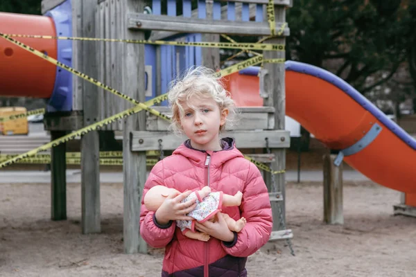 Sad Upset Caucasian Girl Baby Toy Closed Playground Outdoor Kids — Stock Photo, Image