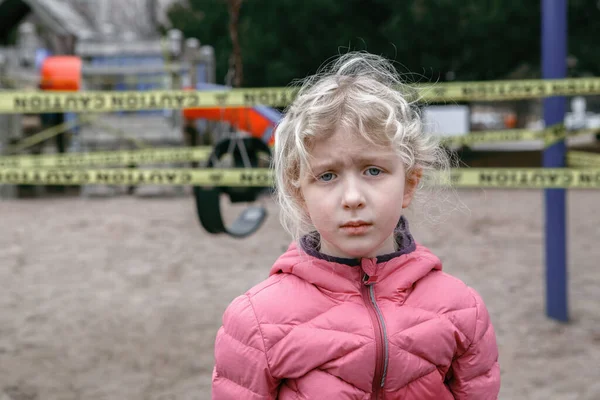 Portrait Sad Upset Caucasian Girl Closed Playground Outdoor Kids Play — Stock Photo, Image