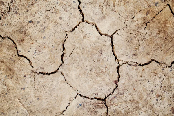 Natural dirty mud ground texture background. Closeup macro of dry brown soil sand land. Abstract earth nature backdrop or wallpaper. Unusual pattern surface with cracks, holes, lines.