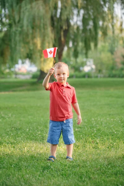 กชายผ วขาวถ อธงแคนาดาโบกธงกลางแจ พลเม องเด กฉลองว นหย ดแคนาดาในว กรกฎาคมในสวนสาธารณะในว นฤด — ภาพถ่ายสต็อก
