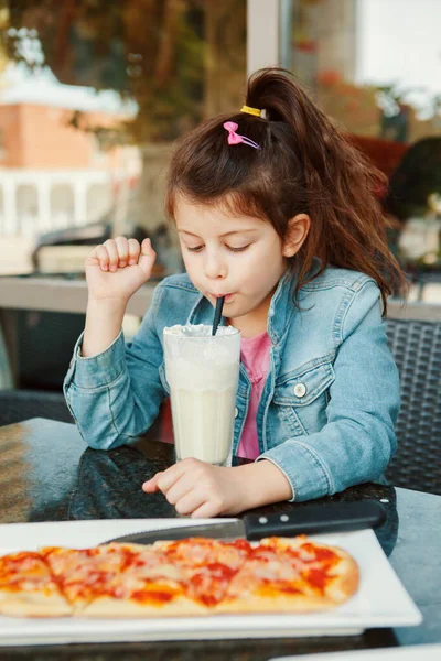 Caucasian Preschool Girl Drinking Milk Shake Paper Straw Cafe Child — Stock Photo, Image