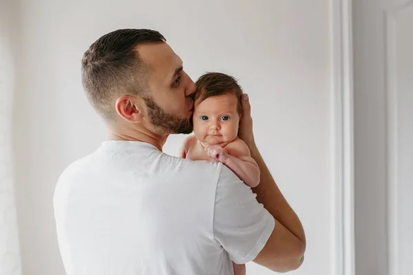 Young Caucasian Bearded Father Carrying Newborn Baby Shoulder Male Man — Stock Photo, Image