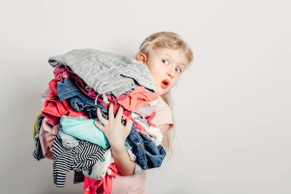 Mommy Little Helper Cute Caucasian Girl Sorting Clothes Adorable Funny — Stock Photo, Image