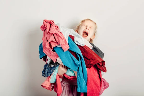 Mommy Little Helper Cute Caucasian Girl Sorting Clothes Adorable Funny — Stock Photo, Image