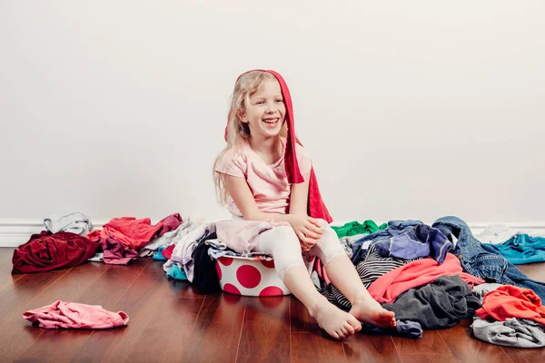 Mommy Little Helper Cute Caucasian Girl Sorting Clothes Adorable Funny — Stock Photo, Image