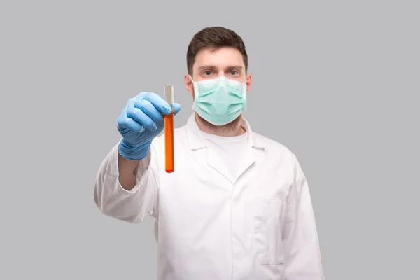 Male Doctor Showing Blood Analysis Wearing Medical Mask Gloves Laboratory — Stock Photo, Image