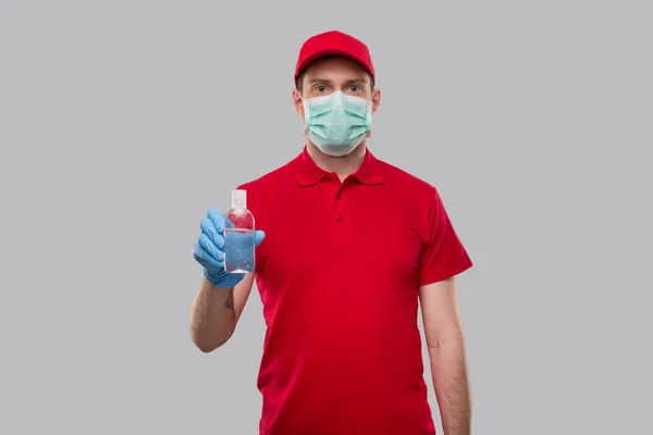 Delivery Man Wearing Medical Mask Gloves Holding Hands Sanitizer Hands — Stock Photo, Image