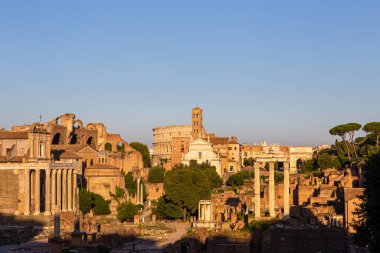 ROME, ITALY - AUGUST 10, 2019: view of ancient Rome, Imperial Fora and Colosseum
