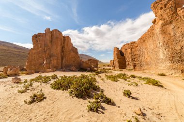 Bolivya 'nın güneyindeki Valle de Rocas ya da Taş Vadisi' ndeki turuncu renkli kaya ve kayalar eritilmiş ve tuhaf şekillerde oluşmuştur.