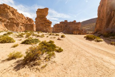 Bolivya 'nın güneyindeki Valle de Rocas ya da Taş Vadisi' ndeki turuncu renkli kaya ve kayalar eritilmiş ve tuhaf şekillerde oluşmuştur.