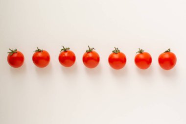 Çiftlikten taze kırmızı domatesler beyaz bir arka planda yatay bir çizgide uzanıyorlar.