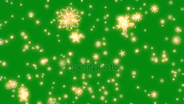 Christmas and New Year animation. Golden Christmas snowflakes on green background. Large snowflakes falling. — Stock Video