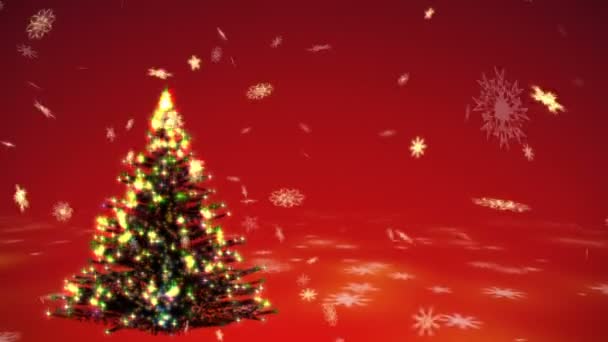 Árbol de Navidad en crecimiento con luces de plasma surrealistas y ventisca de copos de nieve dorados sobre un fondo rojo — Vídeos de Stock
