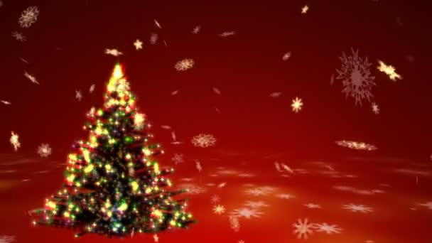 Pěstování vánoční stromeček s surrealistické plazmovou lampou a blizzard zlaté vločky na červeném pozadí