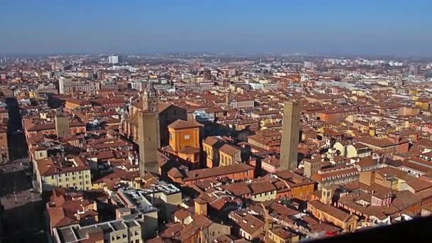 Italy. Old Bologna Piazza Maggiore Zoom. Panoramic aerial view from Asinelli tower in Bologna, Italy — Stock Video