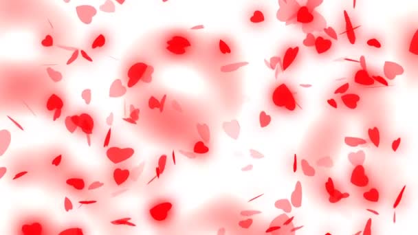 Alla hjärtans dag och bröllop abstrakt bakgrund, flygande röda hjärtan och partiklar. Symboler för kärlek och bröllop. — Stockvideo