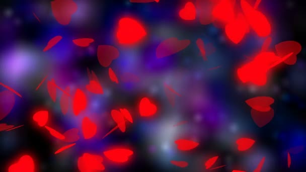 Valentijnsdag en bruiloft abstracte achtergrond, vliegende rode harten en deeltjes. Symbolen van liefde, passie en bruiloft. Blauwe achtergrond — Stockvideo