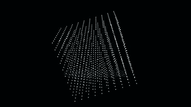 3D kubus van witte deeltjes die draaien op een diagonaal op een zwarte achtergrond. — Stockvideo