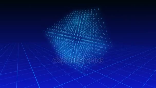 3D kub med binära siffror roterar på en blå bakgrund över ett rutnät plan. — Stockvideo