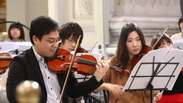 ROME, ITALIE - 25 mars 2017 : Gros plan d'un musicien jouant de la musique classique au violon. Violonistes dans l'orchestre . — Video