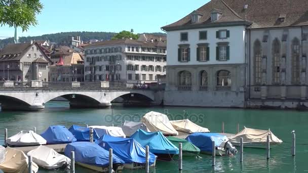 ZURICH, SWITZERLAND - JULY 04, 2017: View of historic Zurich city center, Limmat river and Zurich lake, Switzerland. Zurich is a leading global city and among the worlds largest financial center. — Stock Video