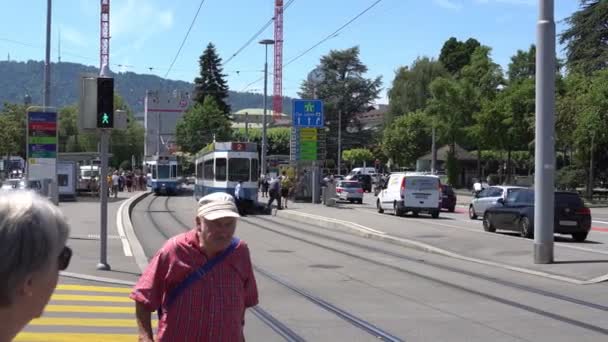 ZURICH, SWITZERLAND - JULY 04, 2017: Tram in Zurich, Switzerland. Zurich is a leading global city and among the world's largest financial center. — Stockvideo