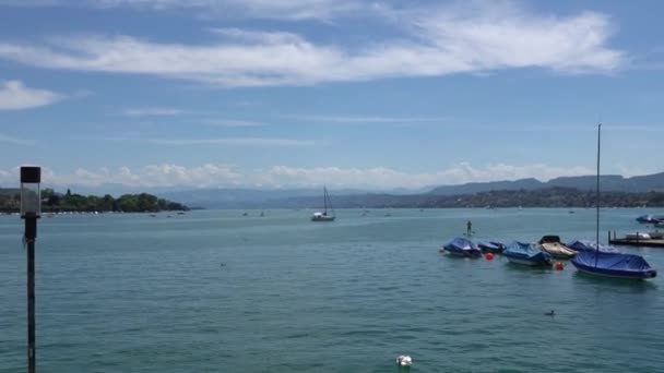 Zürich, Schweiz - 04. Juli 2017: Blick auf den Zürichsee, Schweiz. Touristen fotografieren in der Nähe des Sees. Zürich ist eine führende Weltstadt und eines der größten Finanzzentren der Welt. — Stockvideo
