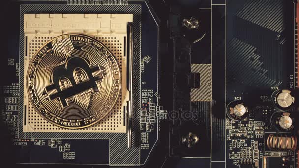 De mans hand zet de bitcoins in een kolom. Hand tellen bitcoins op het moederbord. Crypto valuta gouden Bitcoin - Btc - bits munt. — Stockvideo