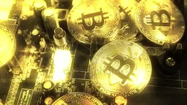 암호화 통화 골드 Bitcoin-Btc-비트 동전. 마더보드에 bitcoin 동전의 모양입니다. 골드 글리치. — 비디오